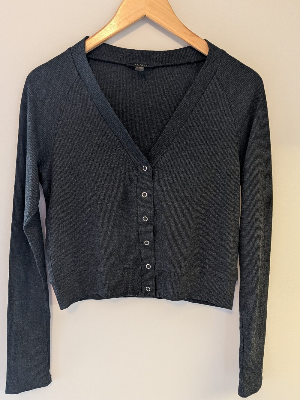 ALALA Cropped Snap Front Cardigan Charcoal Grey Ribbed Stretch Size M